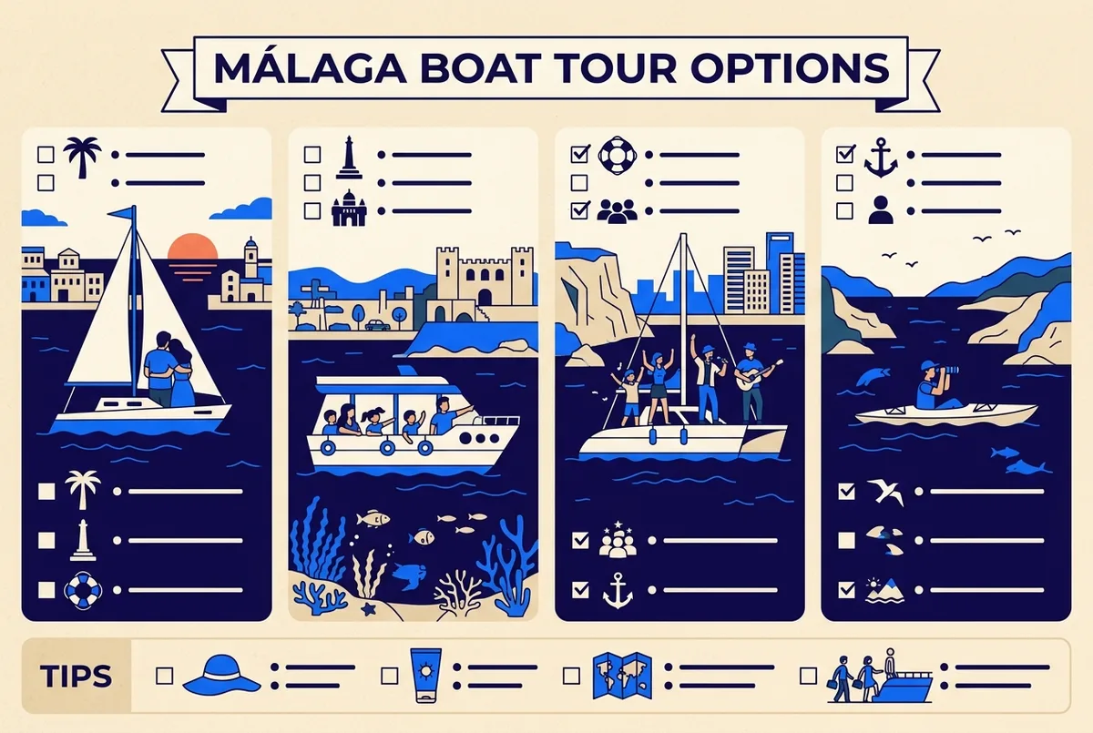 Flat infographic checklist comparing four malaga boat tour types by who each one suits, couples, families, groups and solo travelers, malaga boat tour tips
