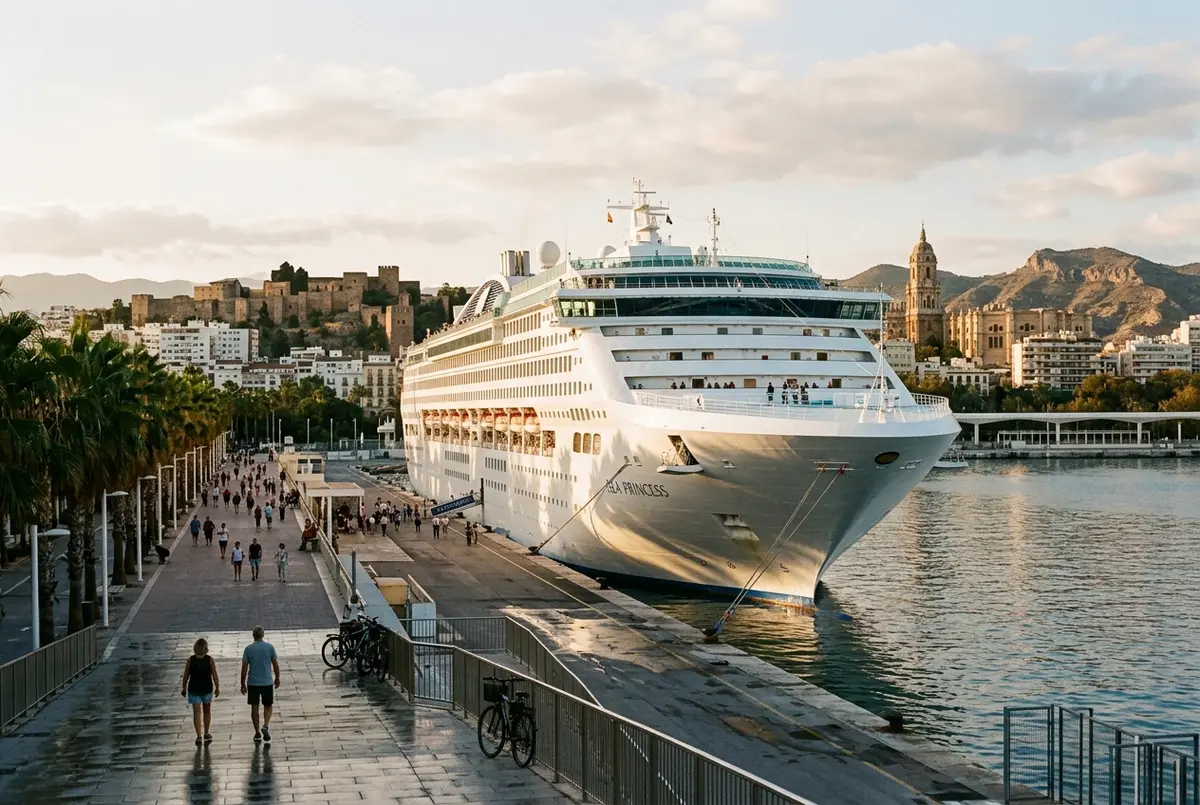 Cruise ship docked at Malaga's port with the city's cathedral tower visible in the background across the harbor, malaga cruise port