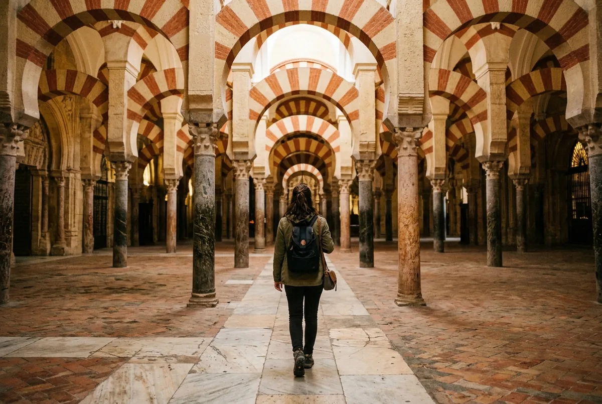 Traveler walking beneath the double red and white striped arches inside the Mezquita's hypostyle hall in Cordoba, malaga day trip to cordoba