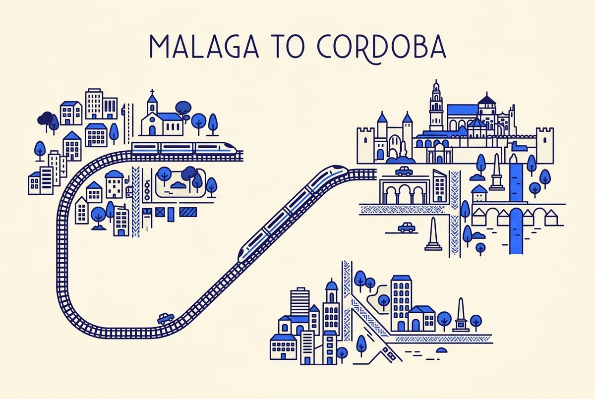 Simple map-style infographic showing the Malaga to Cordoba high-speed rail line with an approximate one hour travel time label, malaga day trip to cordoba