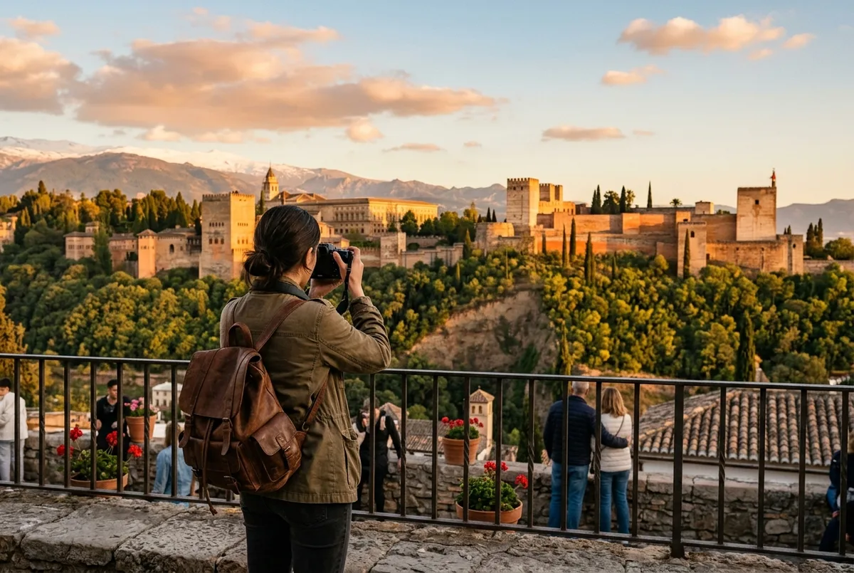 Traveler photographing the Alhambra's reddish palace walls and towers against the Sierra Nevada mountains at midday, malaga day trip to granada
