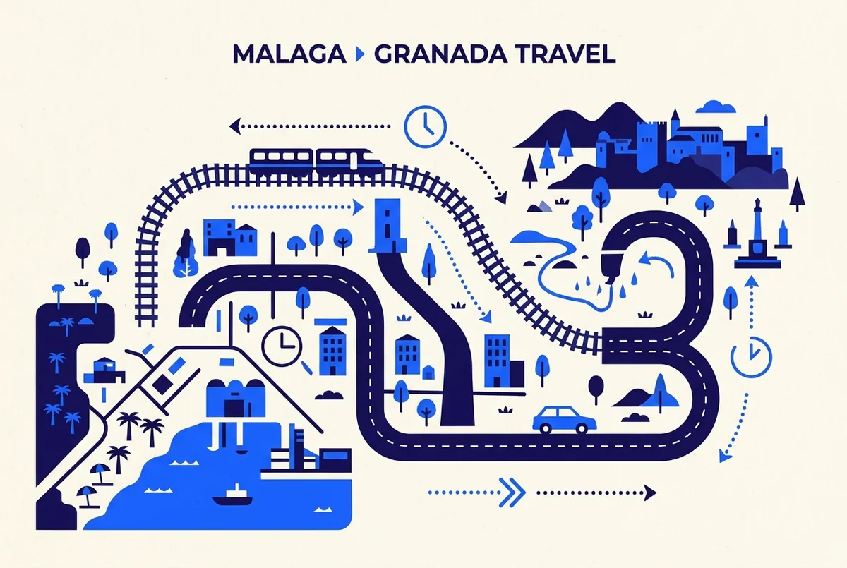 Simple infographic-style map comparing a train route and a driving route from Malaga to Granada with approximate travel time labels for each, malaga day trip to granada