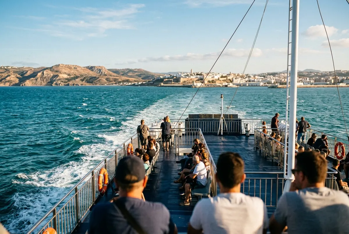 Veerboot van een Spaanse rederij die de haven van Malaga verlaat richting Noord-Afrika onder een heldere ochtendhemel, boot van malaga naar marokko