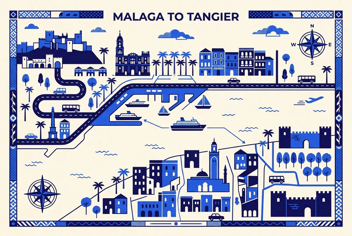 Eenvoudige kaart van de Straat van Gibraltar en de westelijke Middellandse Zee met Malaga als vertrekpunt en lijnen naar Tanger, Nador, Melilla, Ceuta en Al Hoceima, elk gemarkeerd met een booticoon, boot van malaga naar marokko