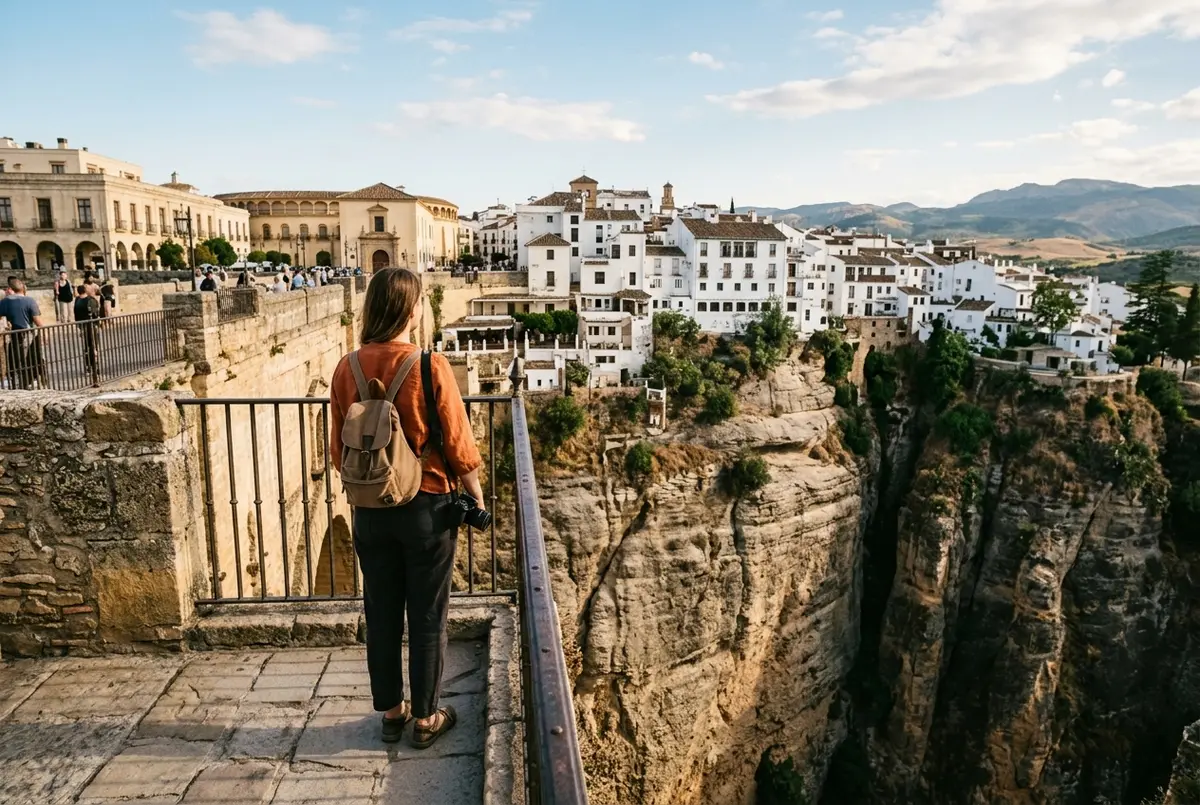 Traveler standing on a stone bridge overlooking the deep Ronda gorge with whitewashed buildings on the cliff edge, malaga day trip to ronda