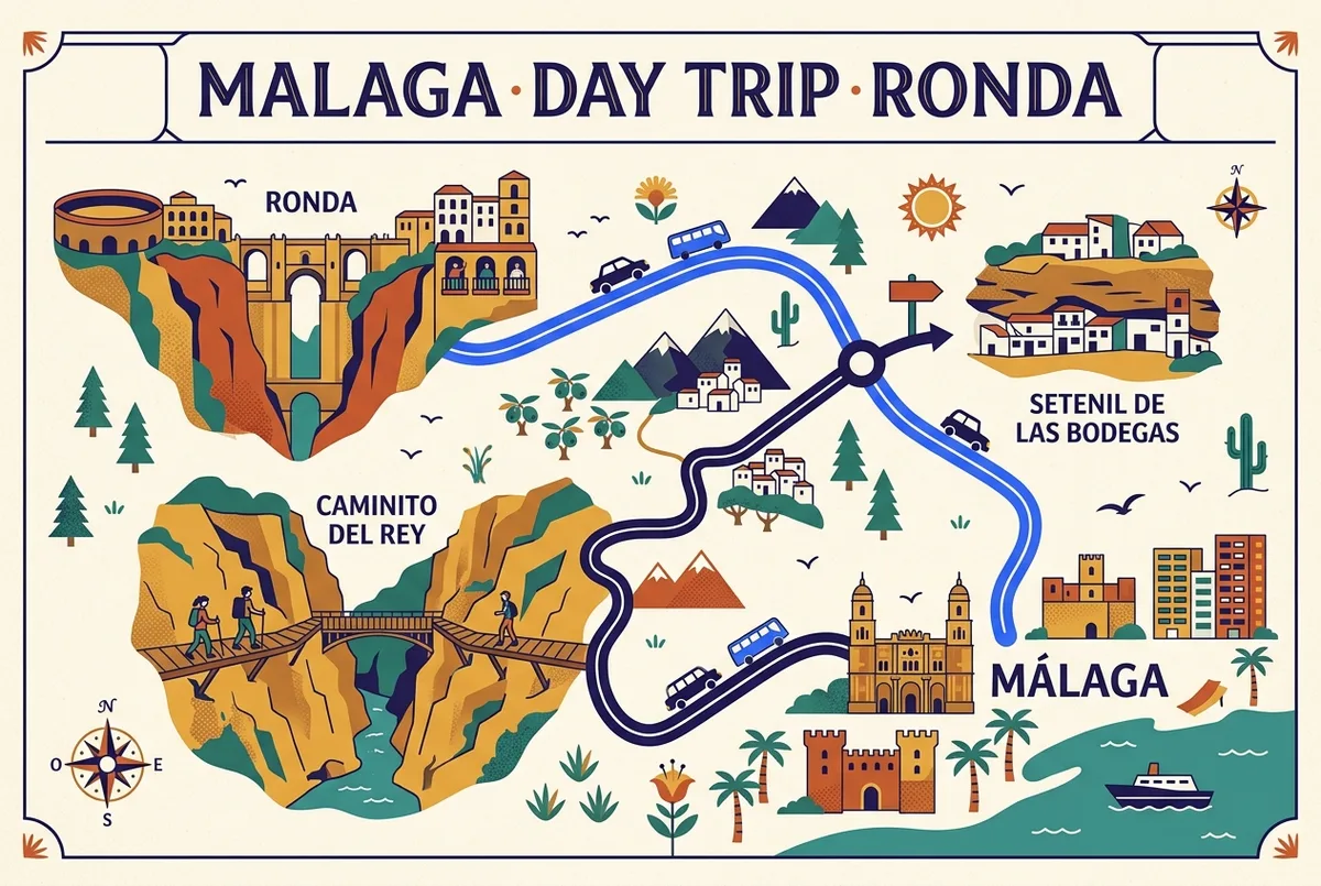 Simple route map showing a line from Malaga through the Caminito del Rey gorge area to Ronda with a small detour marker toward Setenil de las Bodegas, malaga day trip to ronda