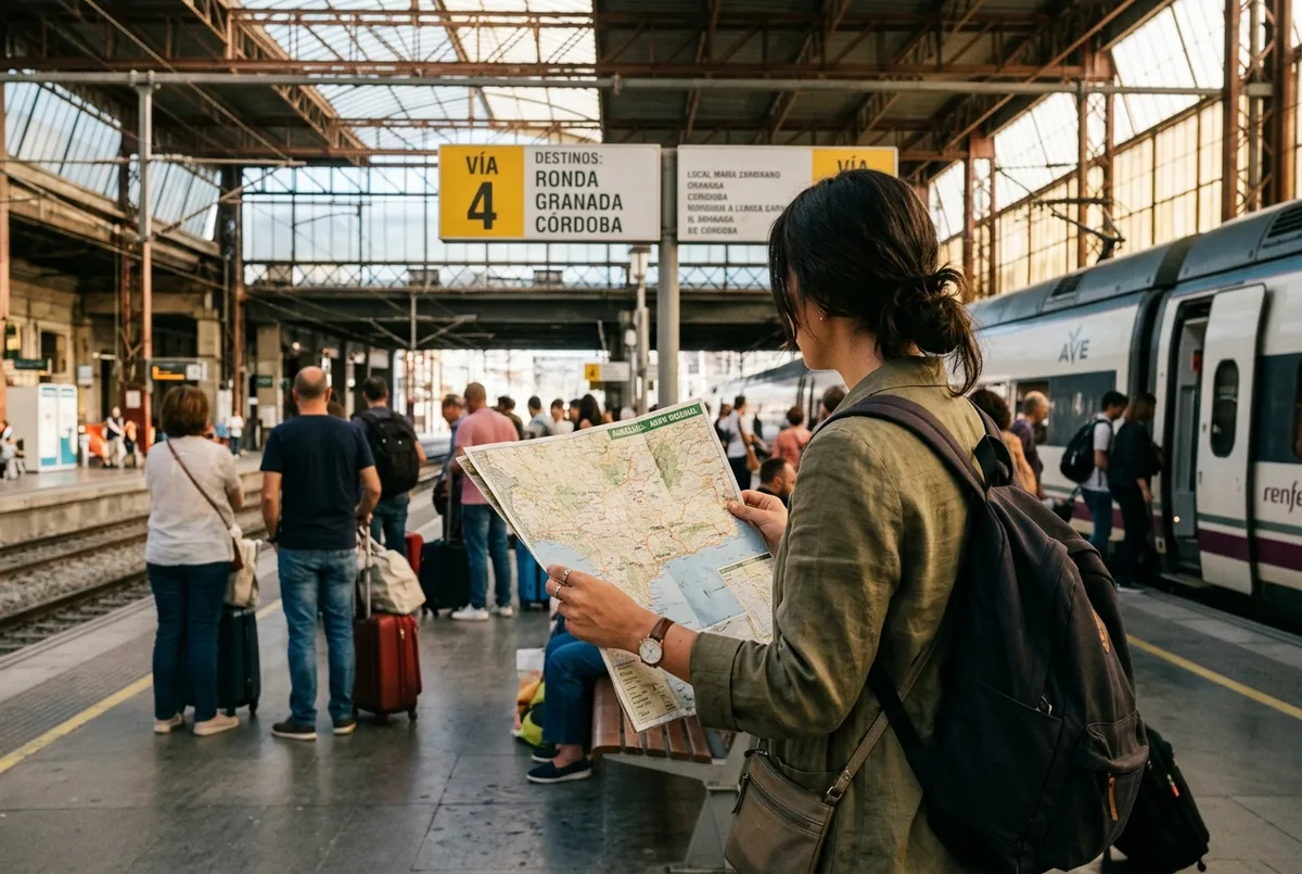 Traveler studying a paper map at a Malaga train station platform with destination signs for Ronda, Granada and Cordoba visible, malaga day trips