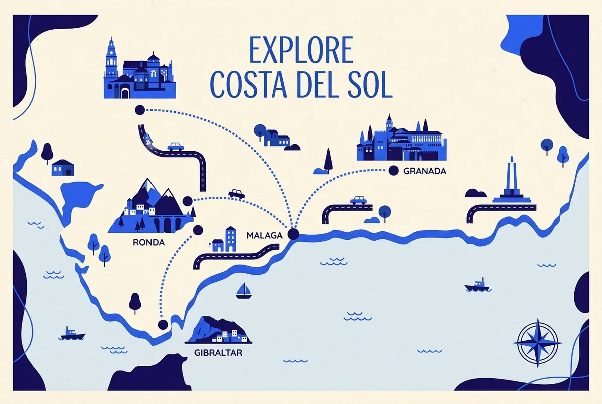 Simple map-style illustration of the Costa del Sol region showing dotted route lines from Malaga toward Gibraltar, Ronda, Granada and Cordoba with small destination icons, malaga day trips
