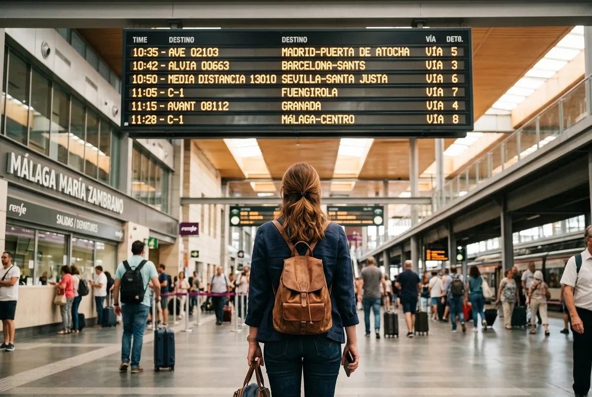 Traveler checking a departures board at Malaga Maria Zambrano train station with destination names visible, malaga day trip by train