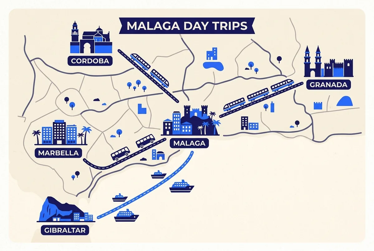 Simple route map showing Malaga at the center with train line icons toward Granada and Cordoba, and bus or boat icons instead of train lines toward Marbella and Gibraltar, malaga day trip by train