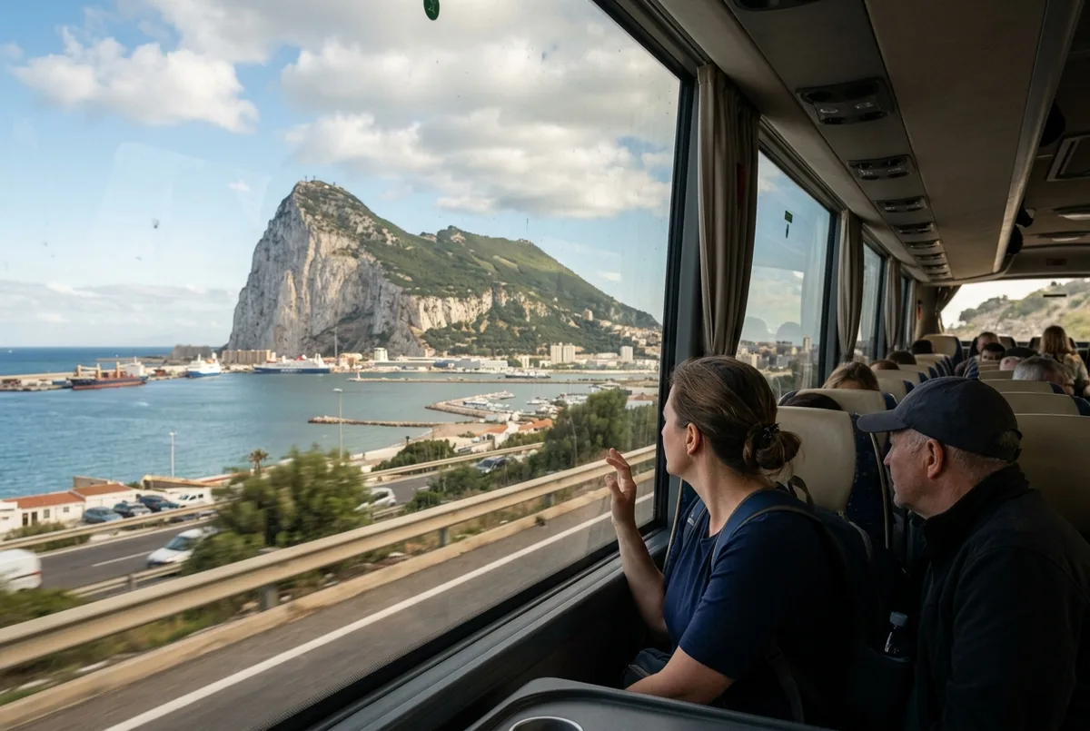 Tourists looking out from a coach window at the Rock of Gibraltar rising above the Strait on a day trip from Malaga, malaga day trip to gibraltar