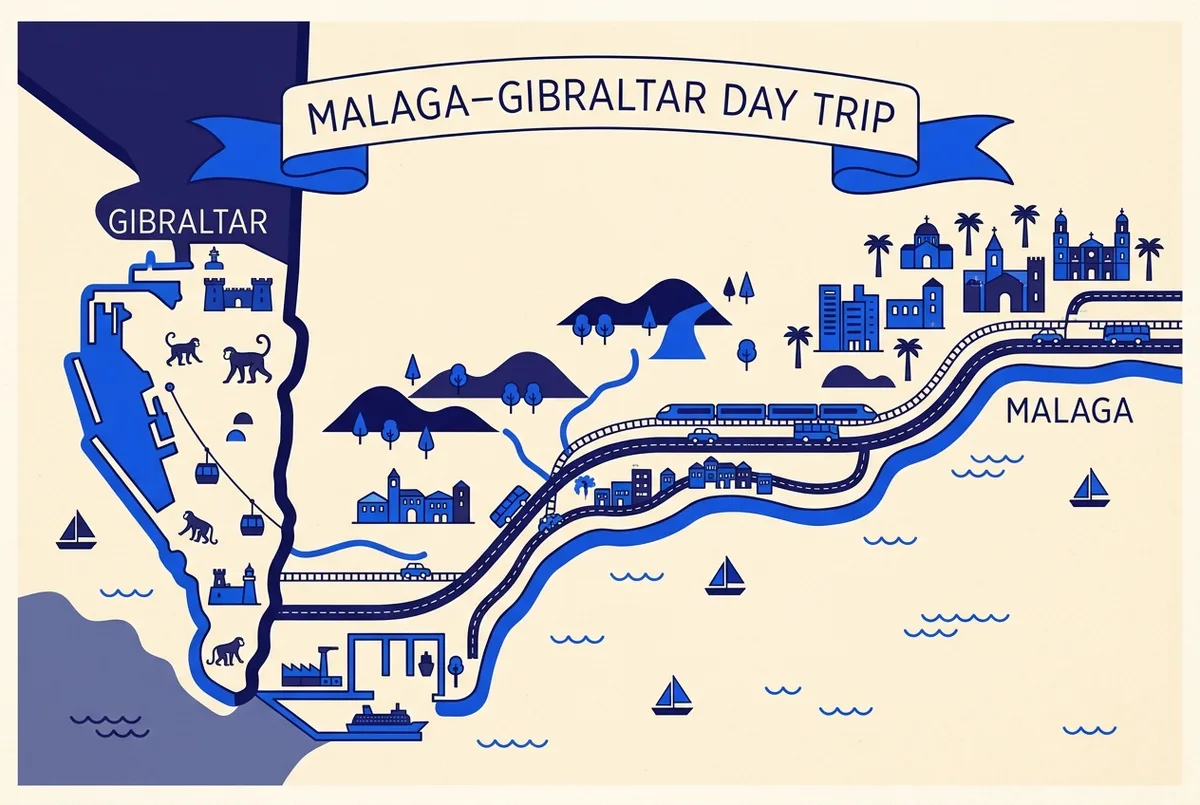 illustrated map of Malaga highlights for Malaga to Gibraltar Day Trip: How to Get There and What to Do, malaga day trip to gibraltar