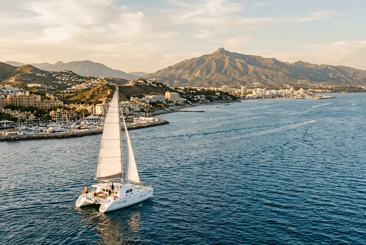 Small catamaran sailing along the Costa del Sol coastline near Benalmadena with Marbella's mountains visible in the distance, boat trip malaga to marbella