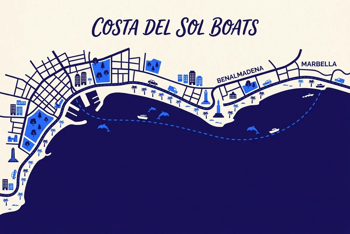 Simple map-style infographic showing the Costa del Sol coastline between Malaga, Benalmadena and Marbella with the dolphin watching catamaran route marked, boat trip malaga to marbella