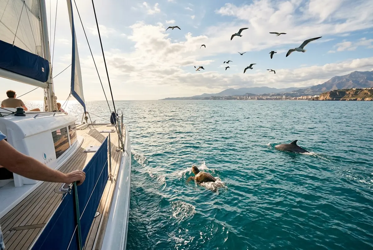 Catamaran deck view of open Costa del Sol water with a dolphin fin, a sea turtle breaking the surface and seabirds overhead, marine life malaga boat trip