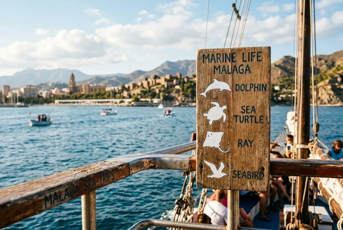 Illustrated field-guide style chart showing simple silhouette icons of a dolphin, a sea turtle, a ray and a seabird above the Costa del Sol coastline, labeled generically by animal type, marine life malaga boat trip