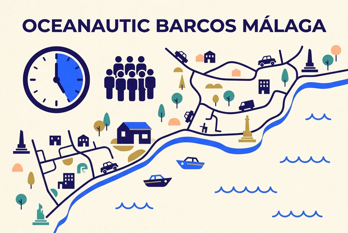 Infografía sencilla con un icono de reloj marcando entre 30 minutos y 5 horas junto a un icono de 8 personas, sobre el fondo de la Costa del Sol cerca de Benalmádena, oceanautic alquiler de barcos en málaga
