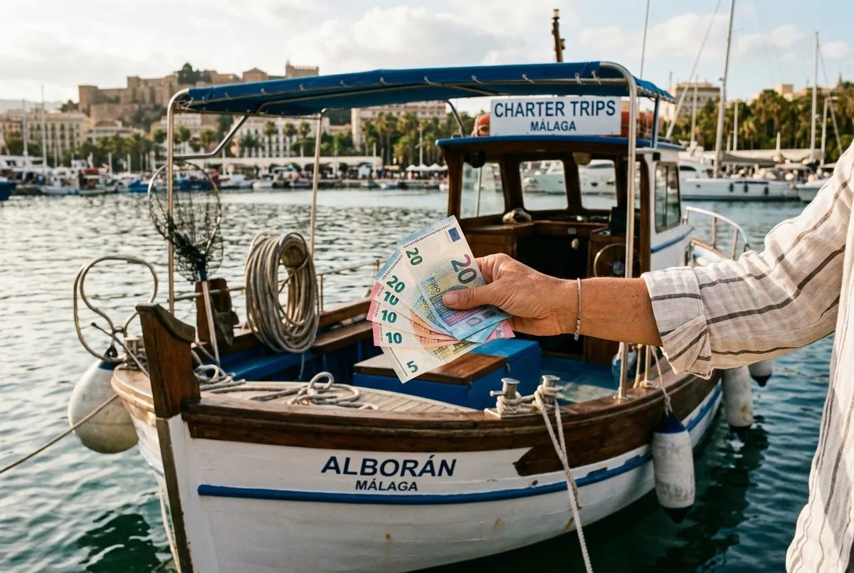 Close-up of a hand holding euro banknotes beside a small charter boat's steering wheel on a sunny marina dock near Malaga, private boat charter cost malaga