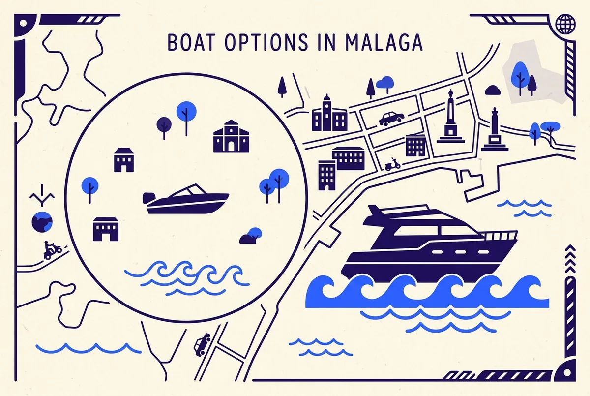 Simple infographic comparing Malaga boat charter options labeled self-drive rental and skippered charter next to small boat icons sized by capacity, private boat charter cost malaga