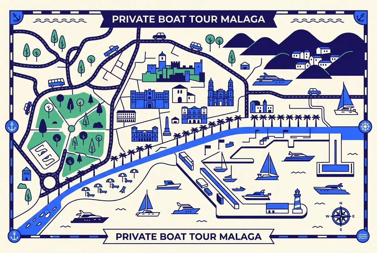 illustrated map of Malaga highlights for Private Boat and Yacht Charter in Malaga, private boat tour malaga