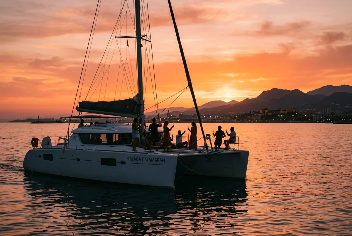 Catamarano in controluce contro un cielo arancione e rosa sulla baia di Malaga, passeggeri sul ponte con calici di cava, catamarano malaga tramonto