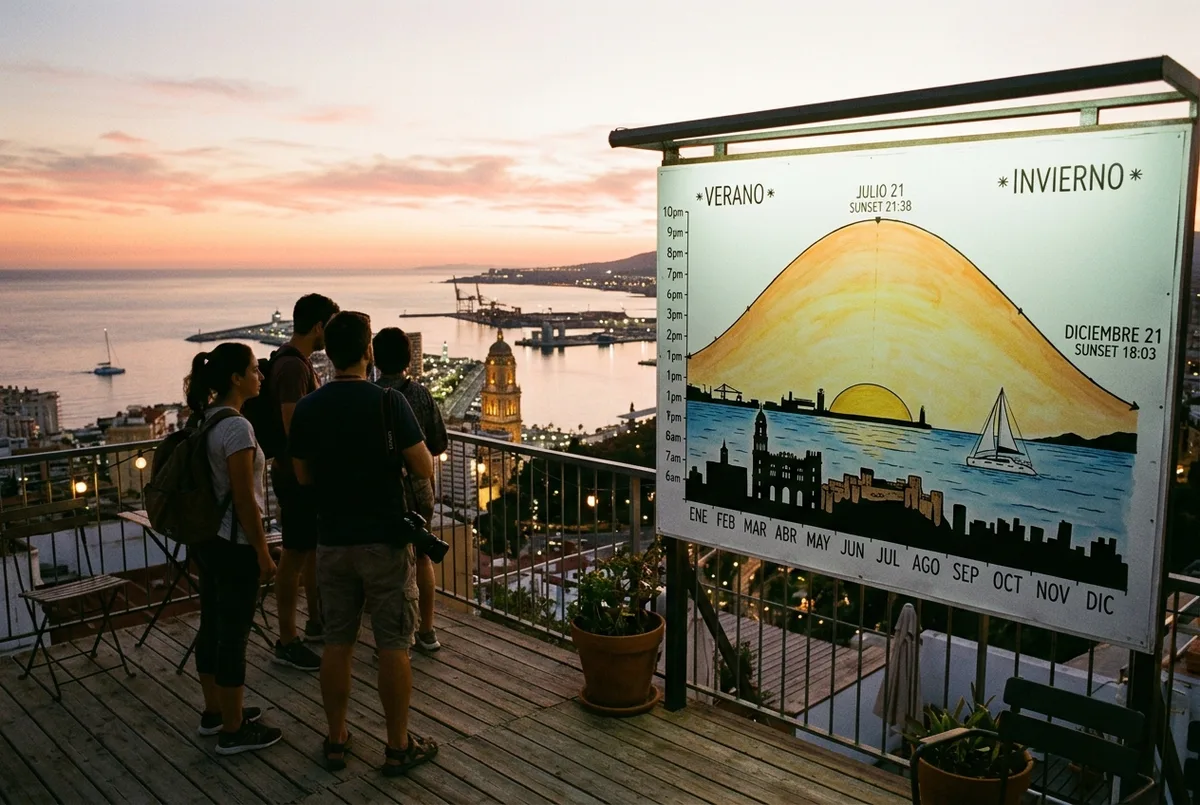 Enkelt illustrerat diagram som visar en stigande och fallande solkurva över årets månader ovanför en silhuett av en katamaran och Malagas kustlinje, märkt vinter och sommar solnedgångstider, catamaran malaga sunset