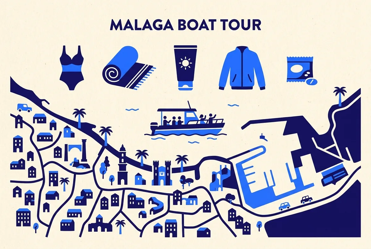 Infographie plate en forme de liste de bagage pour une excursion en bateau à Malaga : maillot de bain, serviette, crème solaire, veste légère et comprimés contre le mal de mer, que porter bateau malaga