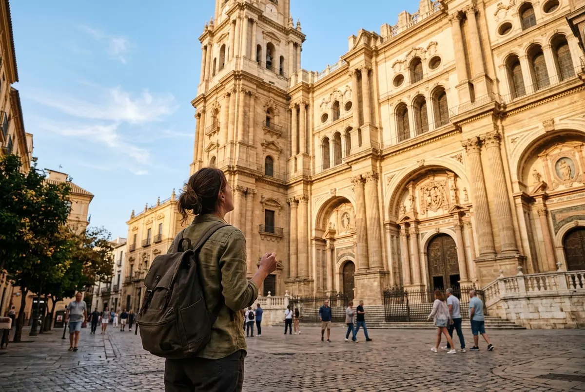 Traveler looking up at Malaga Cathedral's facade from a sunlit plaza with palm trees, what to do in malaga