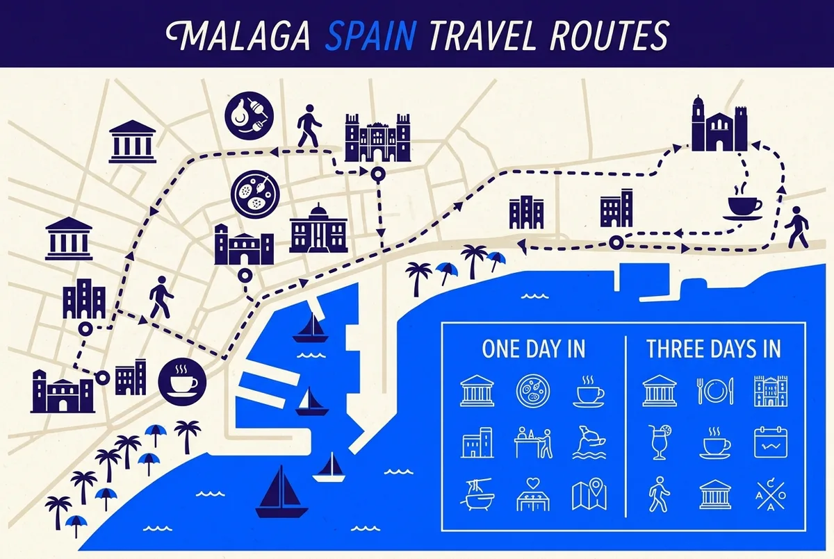 Simple itinerary map infographic showing a 1-day and 3-day Malaga route connecting the cathedral, Alcazaba, harbor and beach, what to do in malaga