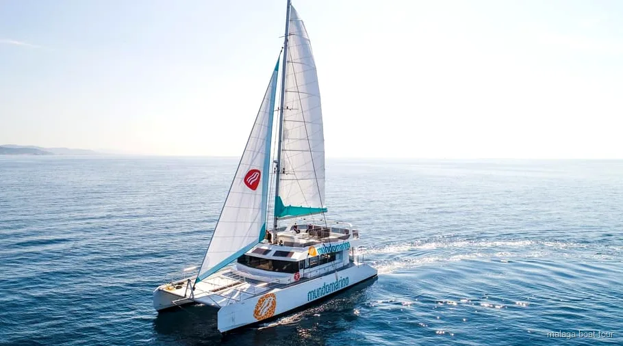 Catamaran ancré pour un arrêt baignade pendant l'excursion en catamaran avec arrêt baignade à Malaga