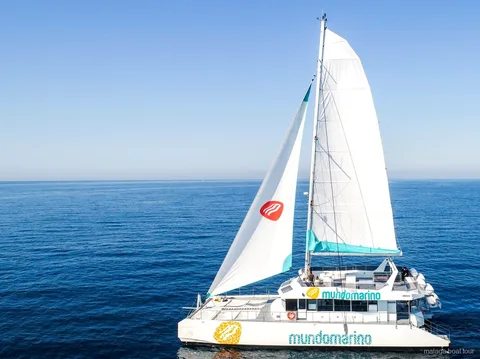 Zeilcatamaran met witte zeilen op kalme open zee tijdens een boottocht in Malaga