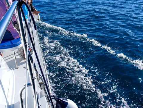 Schuimend kielzog langs de romp van een catamaran op diepblauw water tijdens een malaga boat tour