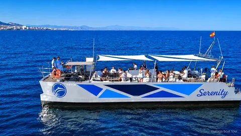 Catamarano alla ricerca di delfini durante la crociera con avvistamento delfini a Malaga