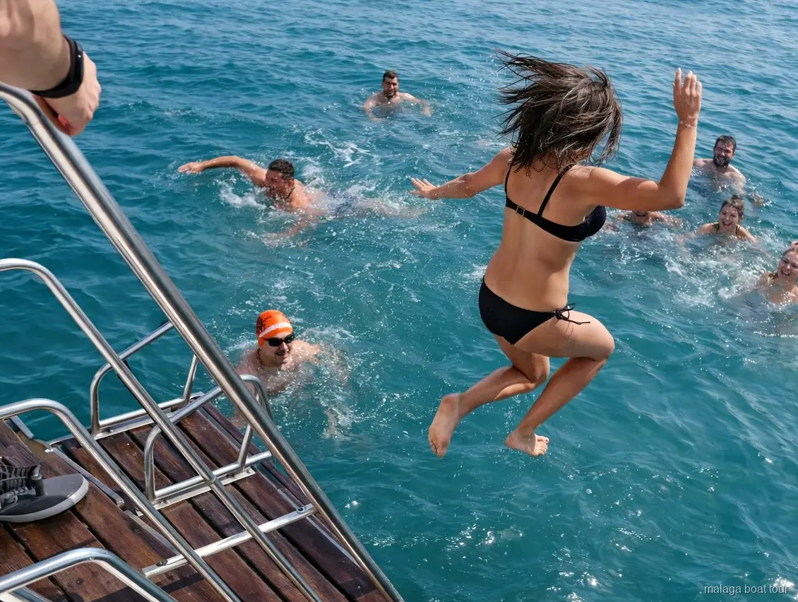 Passeggeri che si tuffano dalla poppa in mare durante una sosta bagno della gita in barca a Malaga