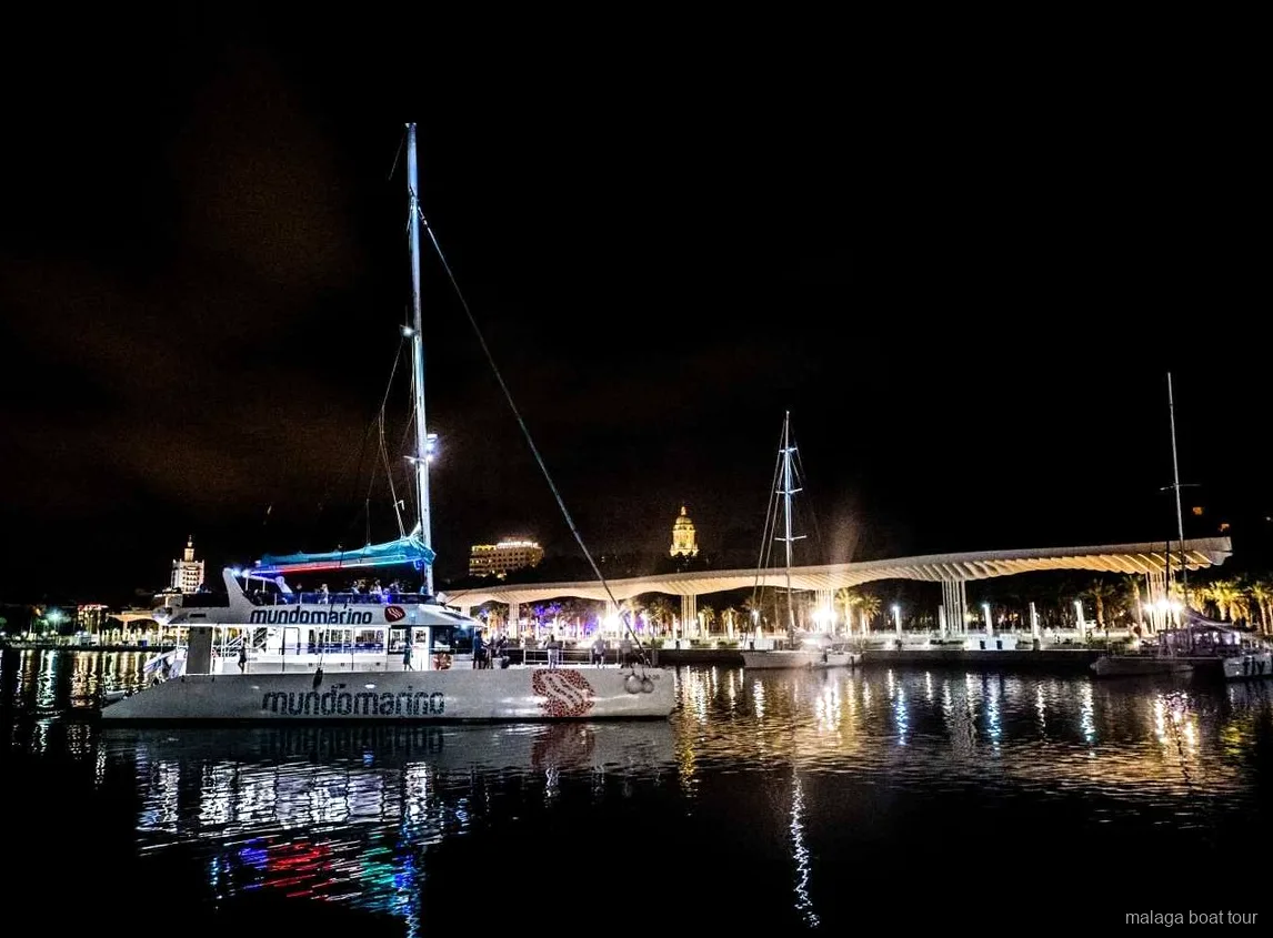 Catamarano ormeggiato di notte accanto alla passeggiata illuminata del porto in una gita in barca a Malaga