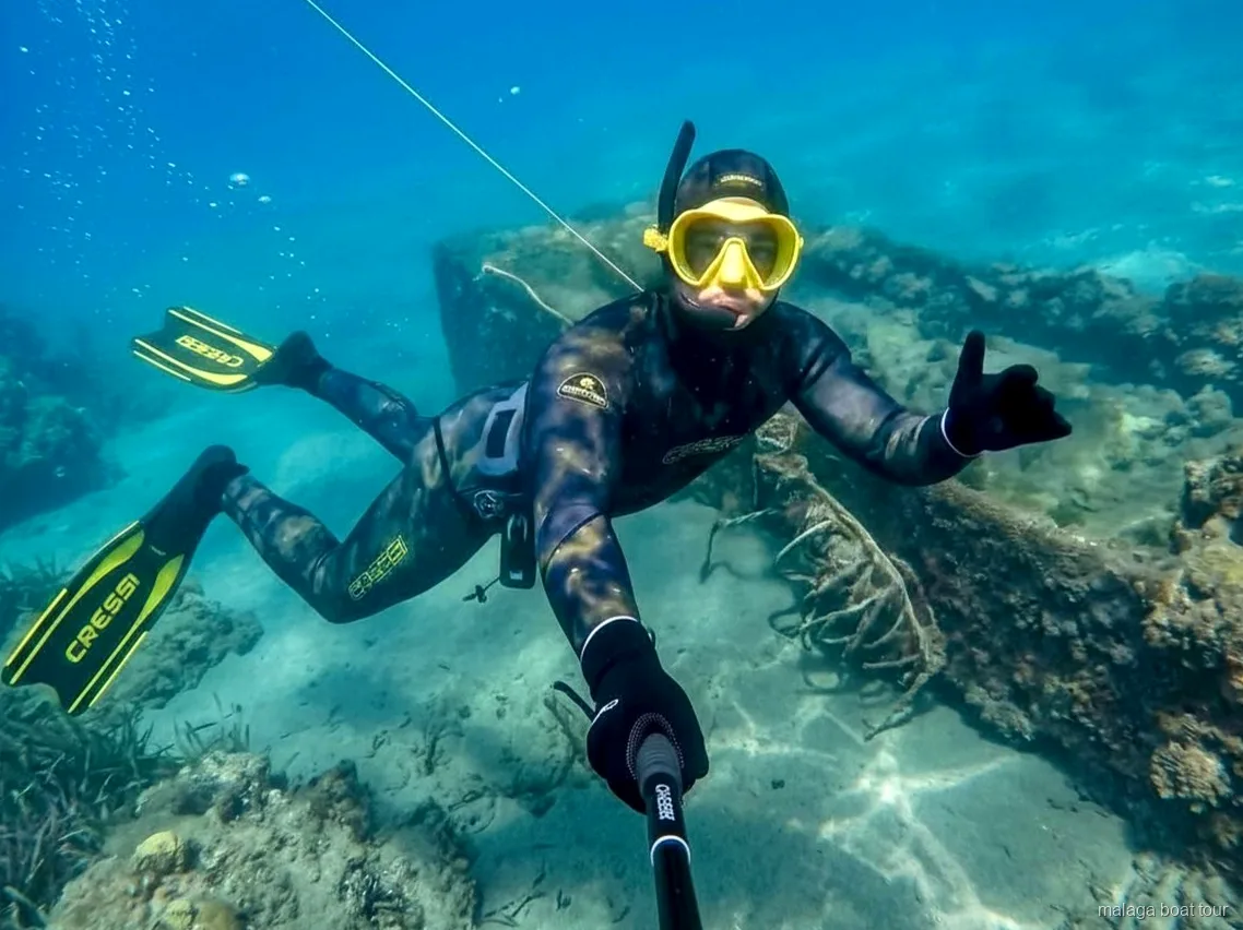 Duiker in wetsuit met geel masker boven een rotsachtige zeebodem tijdens een boottocht Malaga