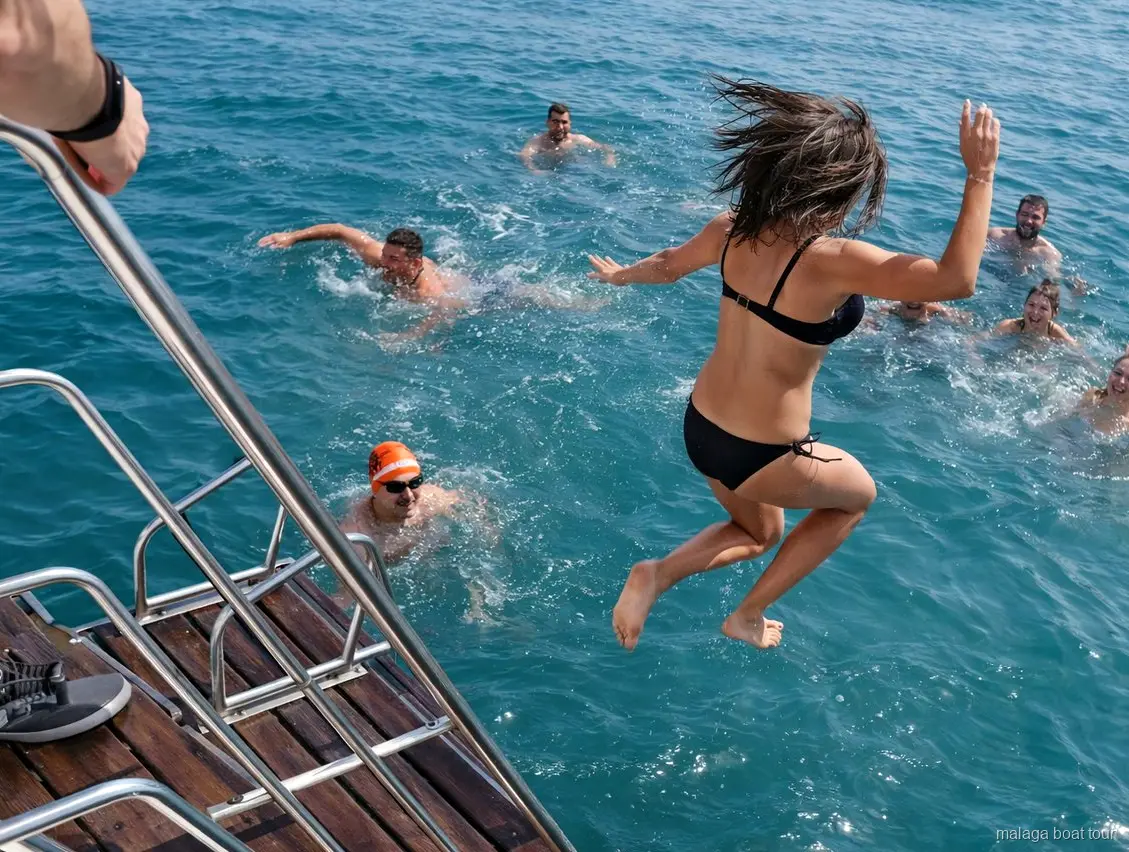 Passengers jumping off the stern into the sea at a swim stop on a Malaga boat tour