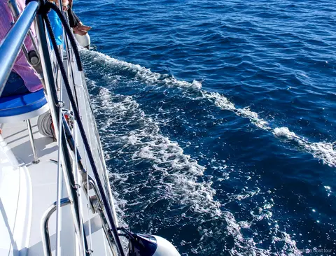 White foam wake along the hull of a catamaran on deep blue water during a malaga boat tour