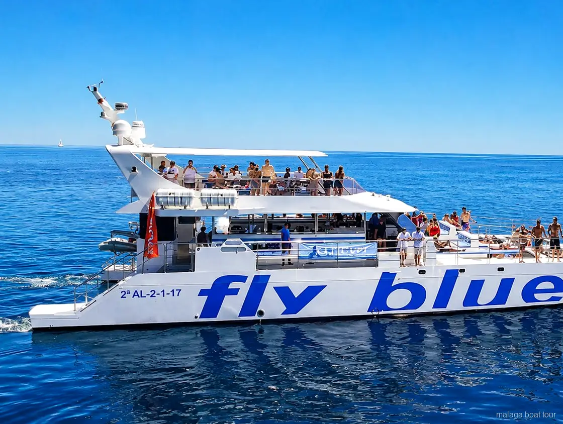 Catamarán de dos cubiertas con pasajeros a bordo bajo un cielo azul en un malaga boat tour