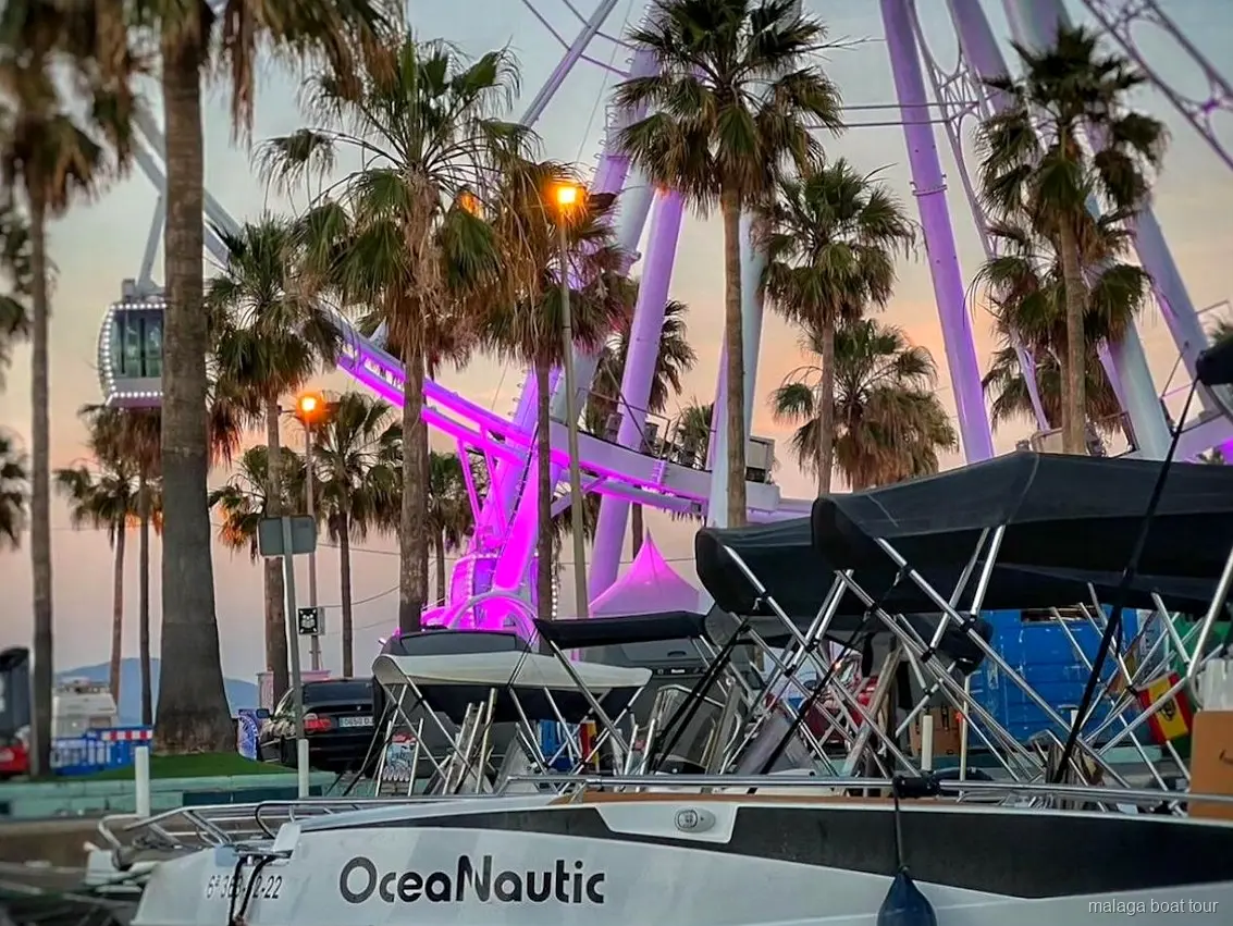Festgemachte Boote in der Dämmerung mit Palmen und beleuchtetem Riesenrad vor einer Bootstour Malaga